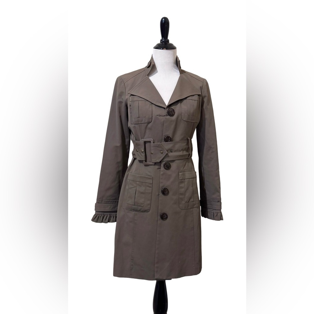 Blanc Noir Women’s Belted Trench Coat Green Ruffle Sleeve Button Front Size S